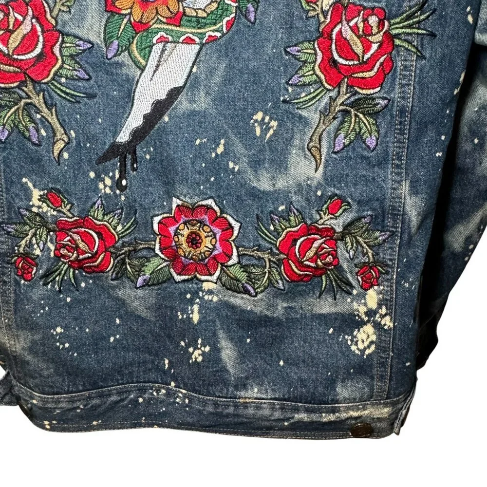 Reason Denim Sherpa Trucker Jacket Death Before Dishonor Embroidered Tattoo sz L